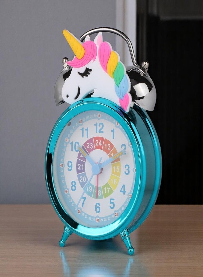 De'rons Twin Bell Analog Table Alarm Clock with Backlight for Heavy Sleepers Alarm Clock for Students Funny Cute Cartoon Unicorn Shape Alarm Clock for Girls Kids Boys Bedroom 12 x 8 cm (Turquoise) - Image 2